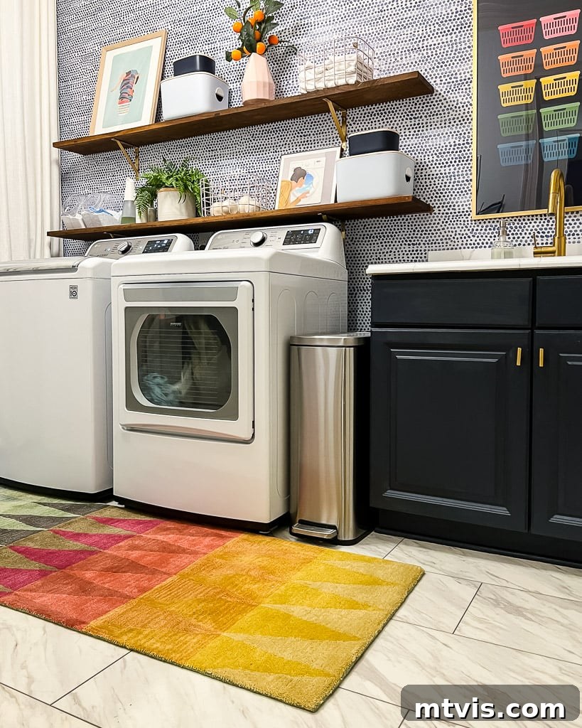 Practical and stylish DIY wall shelves in a vibrant laundry room, featuring functional storage baskets and decor.