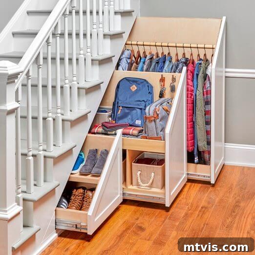 DIY pull-out storage system built under a staircase for coats and shoes