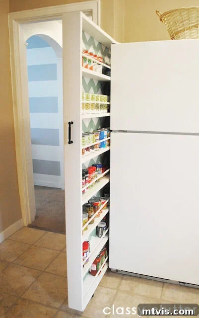 Skinny DIY rolling cart for spices and canned goods in a narrow kitchen gap