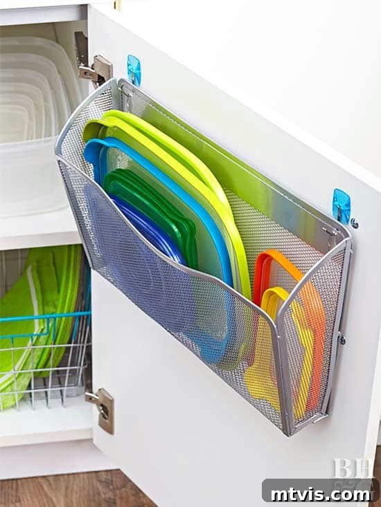 Wall file holder used to organize plastic storage container lids in a cabinet