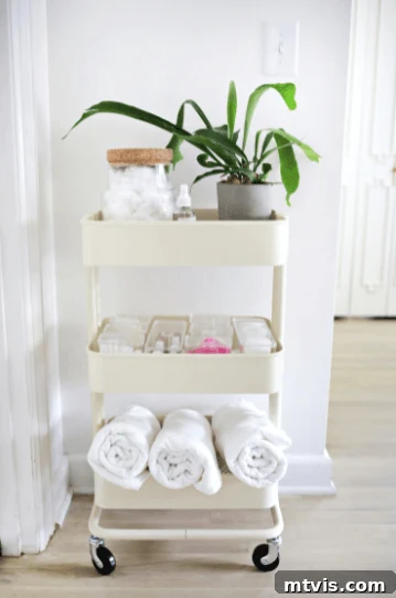 Rolling cart providing extra bathroom storage for towels, toiletries, and a plant
