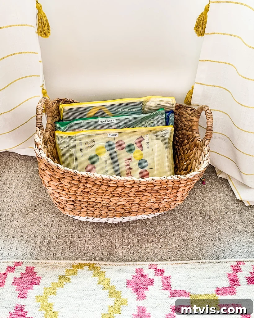 Clear zipper pouches neatly holding various board games