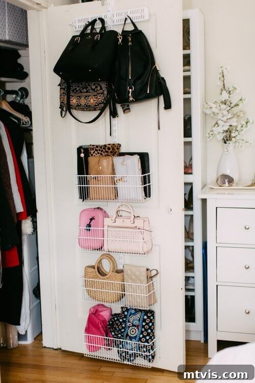 Over-the-door purse storage system with various handbags and clutches