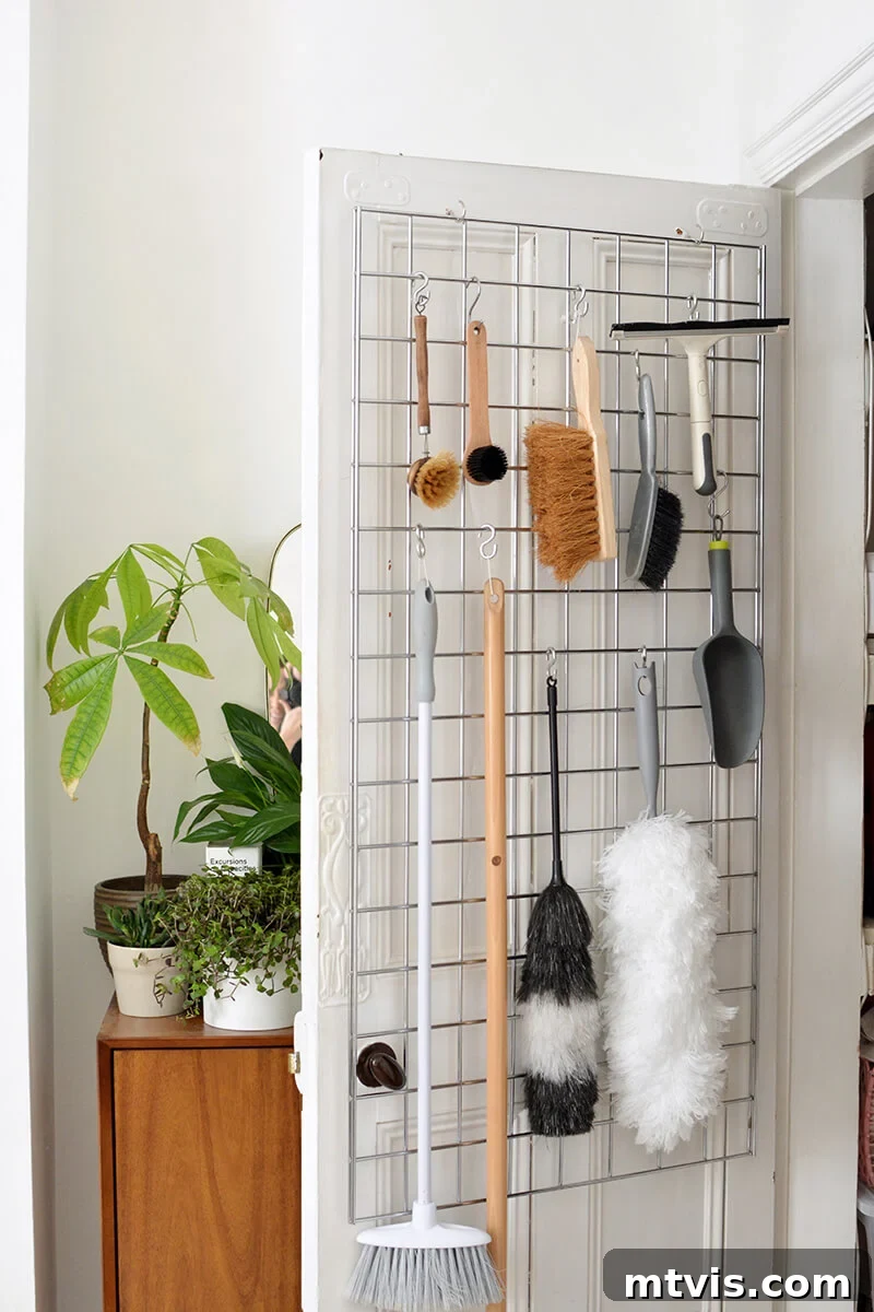 Grid hanging system organizing various cleaning tools and small items on an interior door