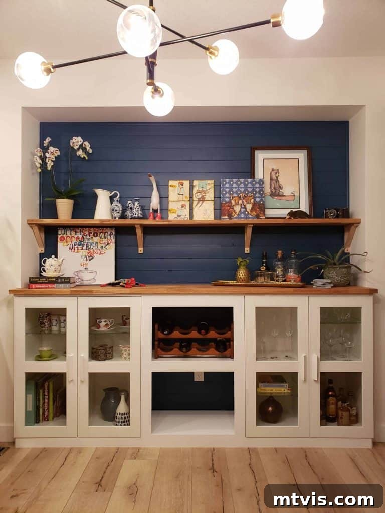 DIY built-in bar with IKEA Brimnes bookshelves and shiplap