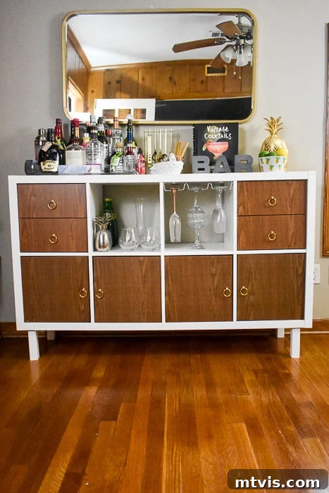 IKEA Kallax home bar cabinet hack with retro vibes and ample counter space
