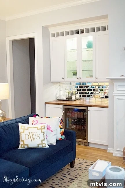 DIY built-in bar repurposed from an old media cabinet in the living room