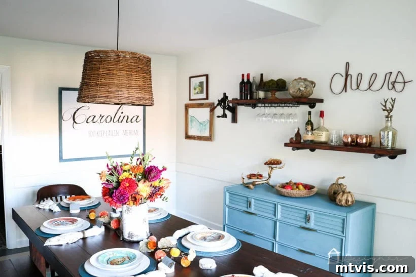 Dining room bar with buffet table and industrial pipe shelves