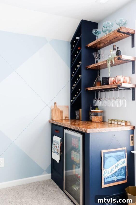 DIY bar with integrated wine rack and fridge in a game room