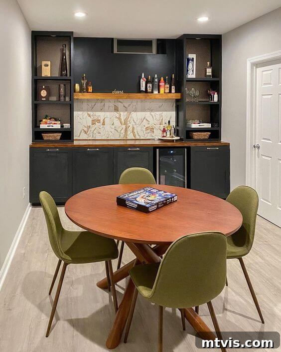 Luxurious DIY basement bar with faux marble tile backsplash