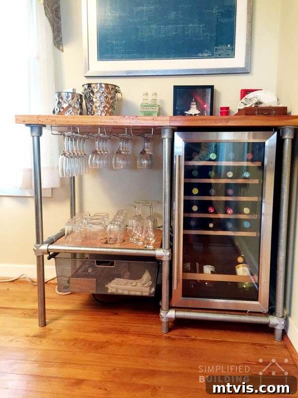 DIY industrial pipe bar with integrated minifridge and storage
