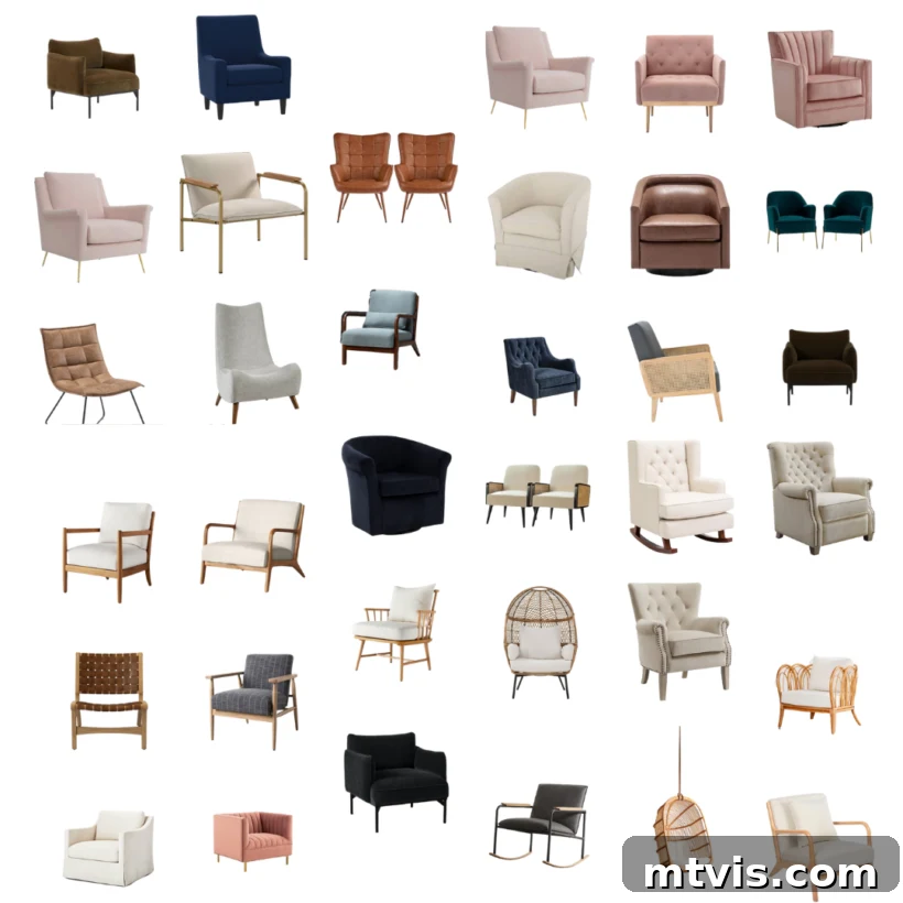 Score Stylish Accent Chairs on a Budget 2 A collage image featuring over 50 stylish and affordable accent chairs from various popular retailers.