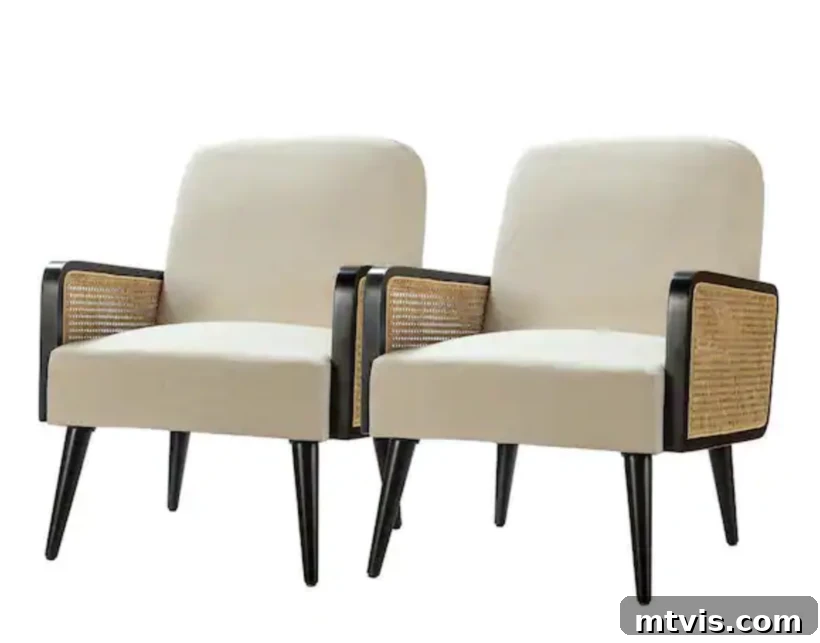 Score Stylish Accent Chairs on a Budget 11 A pair of elegant ivory accent chairs with fashionable caned armrests, available at Home Depot for approximately $500 for the set.