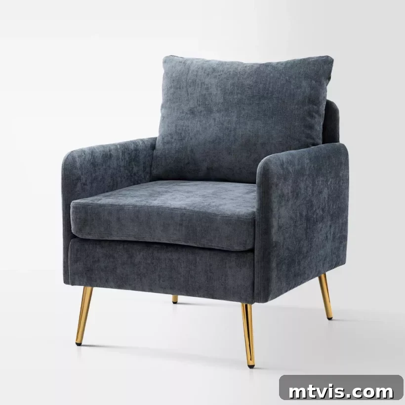Score Stylish Accent Chairs on a Budget 6 An affordable accent chair with luxurious blue velvet upholstery and sleek gold legs, available at Target for under $300.