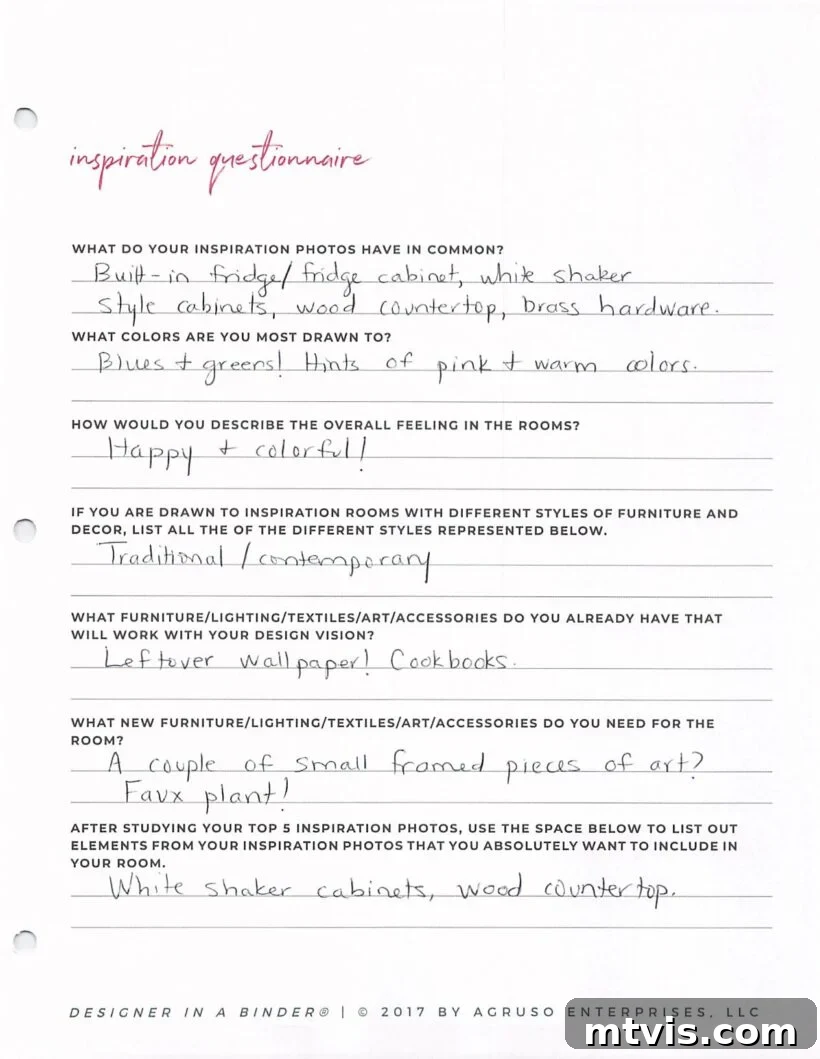 Design worksheet for selecting materials and finishes.