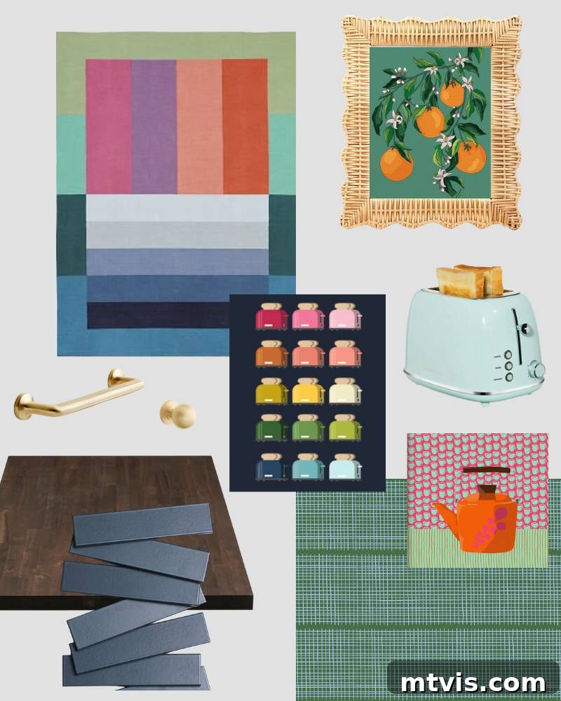 Mood board showcasing design elements for a colorful butler's pantry.