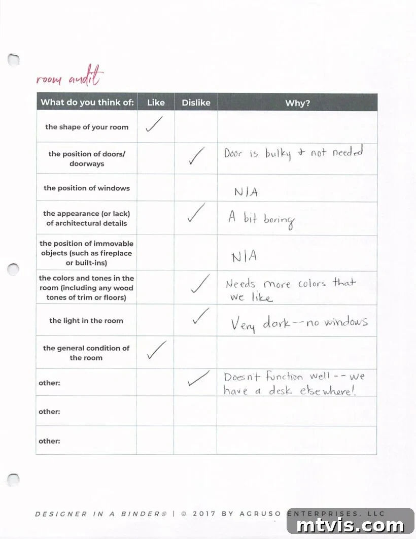 Detailed worksheet for space planning in home design.
