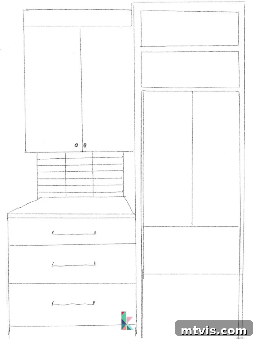Sketch illustrating the proposed layout for a butler's pantry.