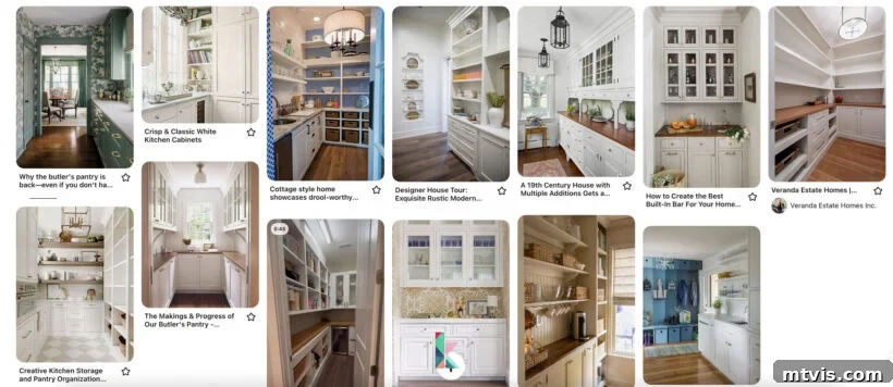 Collage of butler's pantry design ideas from Pinterest, showing various styles and elements.
