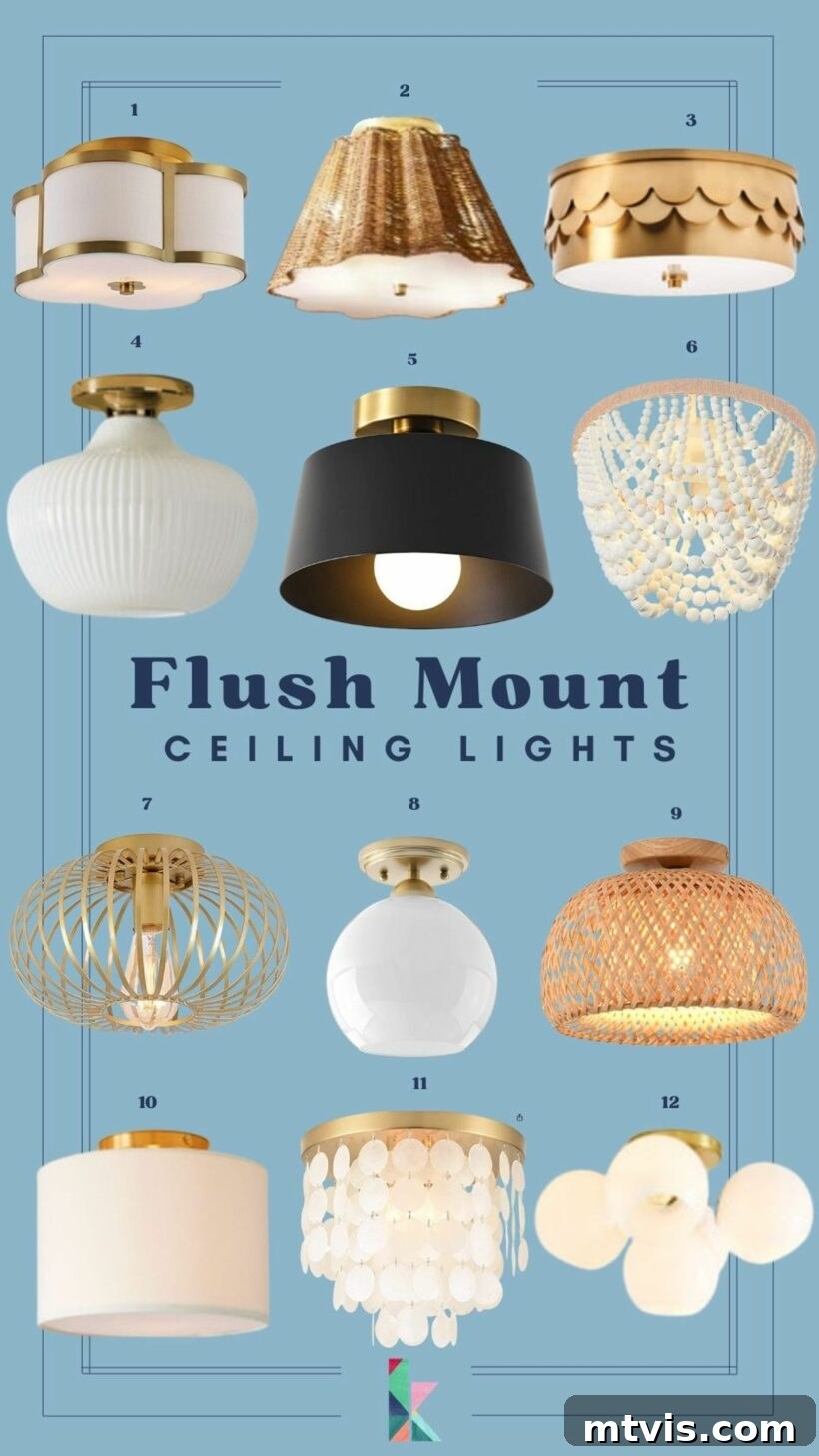 A collection of 12 flush mount ceiling lights with gold hardware against a blue background.