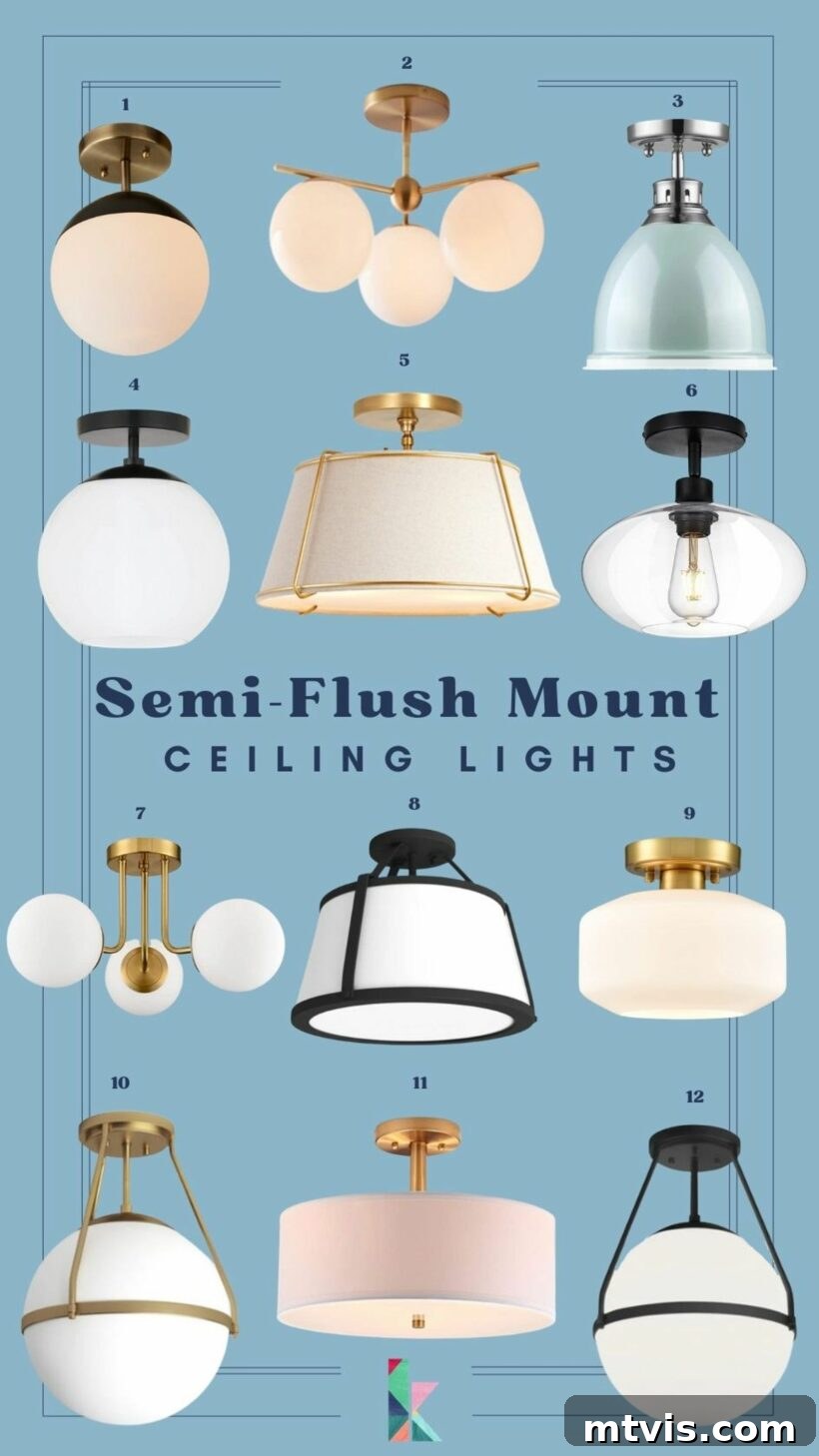 A collection of 12 semi-flush mount ceiling lights with gold and black hardware against a blue background.