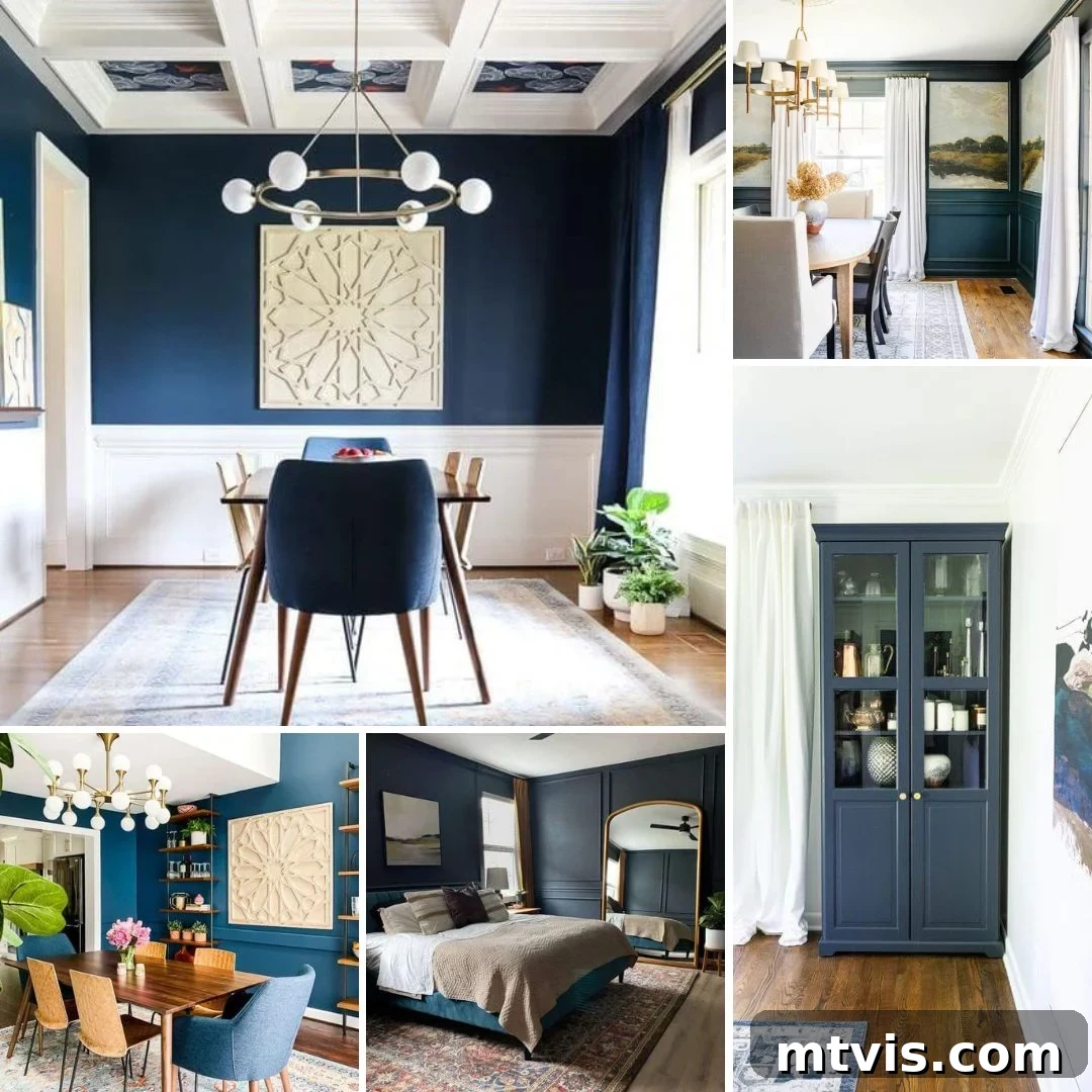 Designer-Approved Navy Blue Hues 2 A picture collage of rooms using the best navy blue paint colors, like walls, dining room chairs, and cabinets, demonstrating versatility.