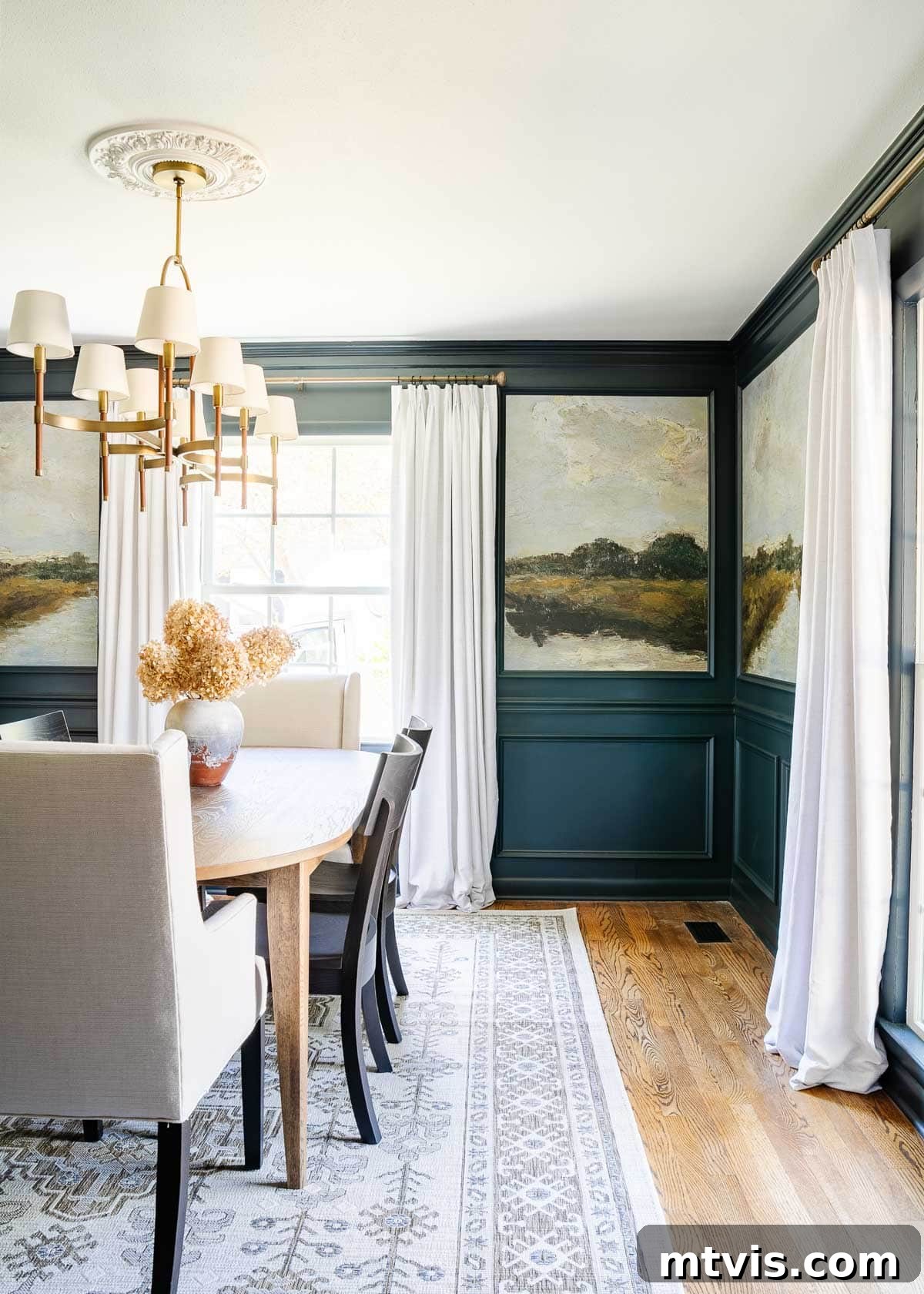 Designer-Approved Navy Blue Hues 11 Navy dining room walls with a landscape wallpaper in the middle, a dining room table and area rug.