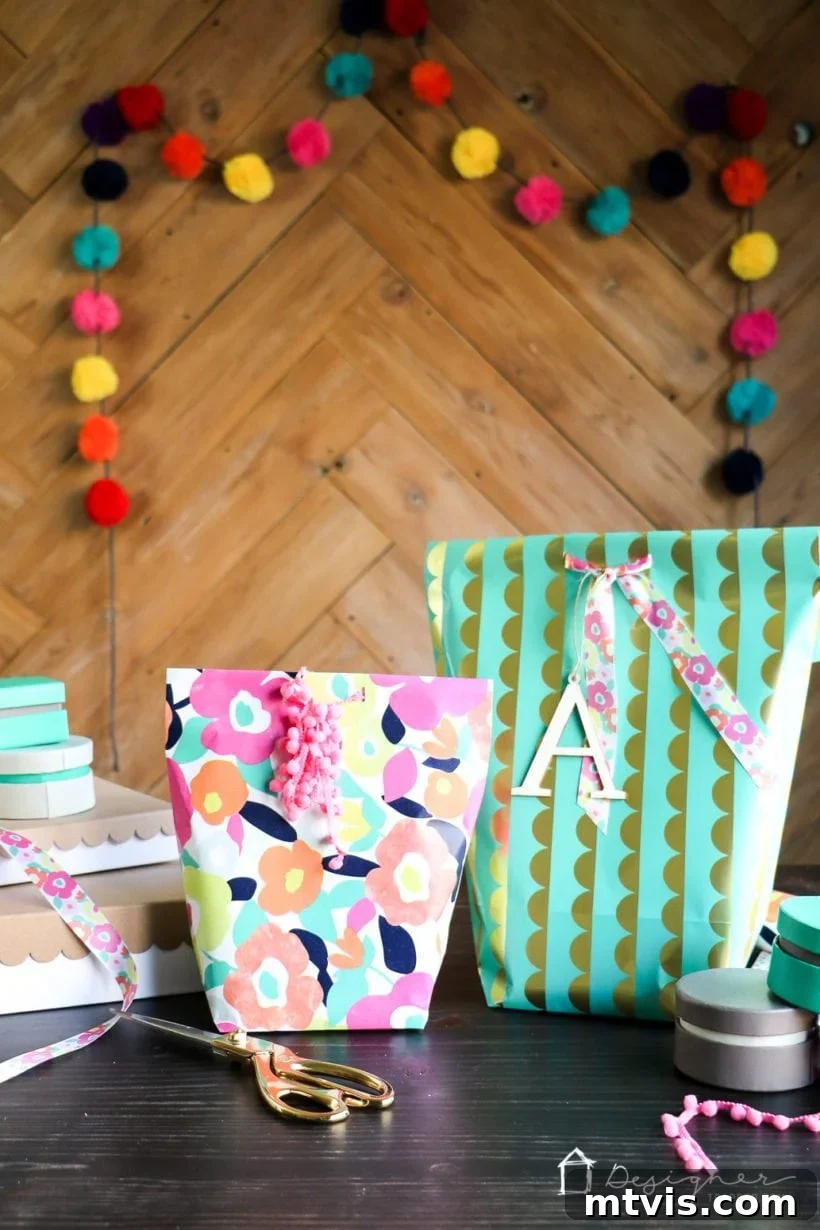 Upcycle Wrapping Paper into Custom Gift Bags 10 Beautiful DIY wrapping paper gift bag with scissors, ribbons, and small gift boxes