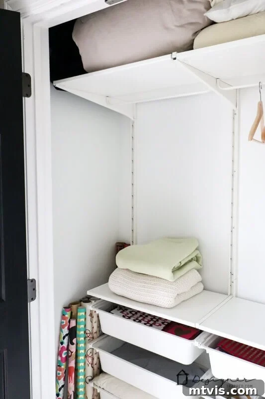 Transform Your Closets: 7 DIY Makeovers and Our Go-To Systems 12 An open closet with white adjustable shelves and bin drawers are part of this closet makeover. The bottom corner reads, "DesignerTrapped.com."