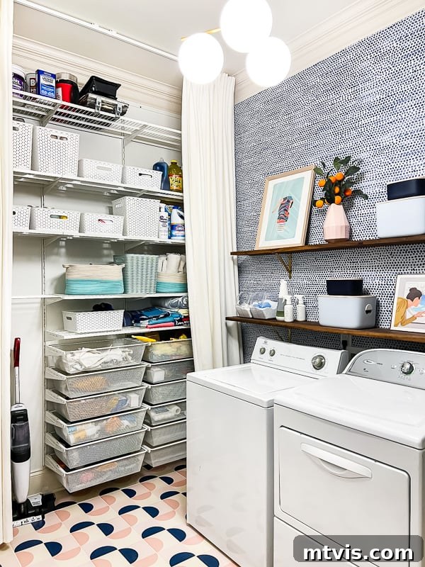 Transform Your Closets: 7 DIY Makeovers and Our Go-To Systems 15 Shelves and drawer bins take up an entire small wall and has a curtain to hide it. A washer and dryer are along the other side of the laundry room.