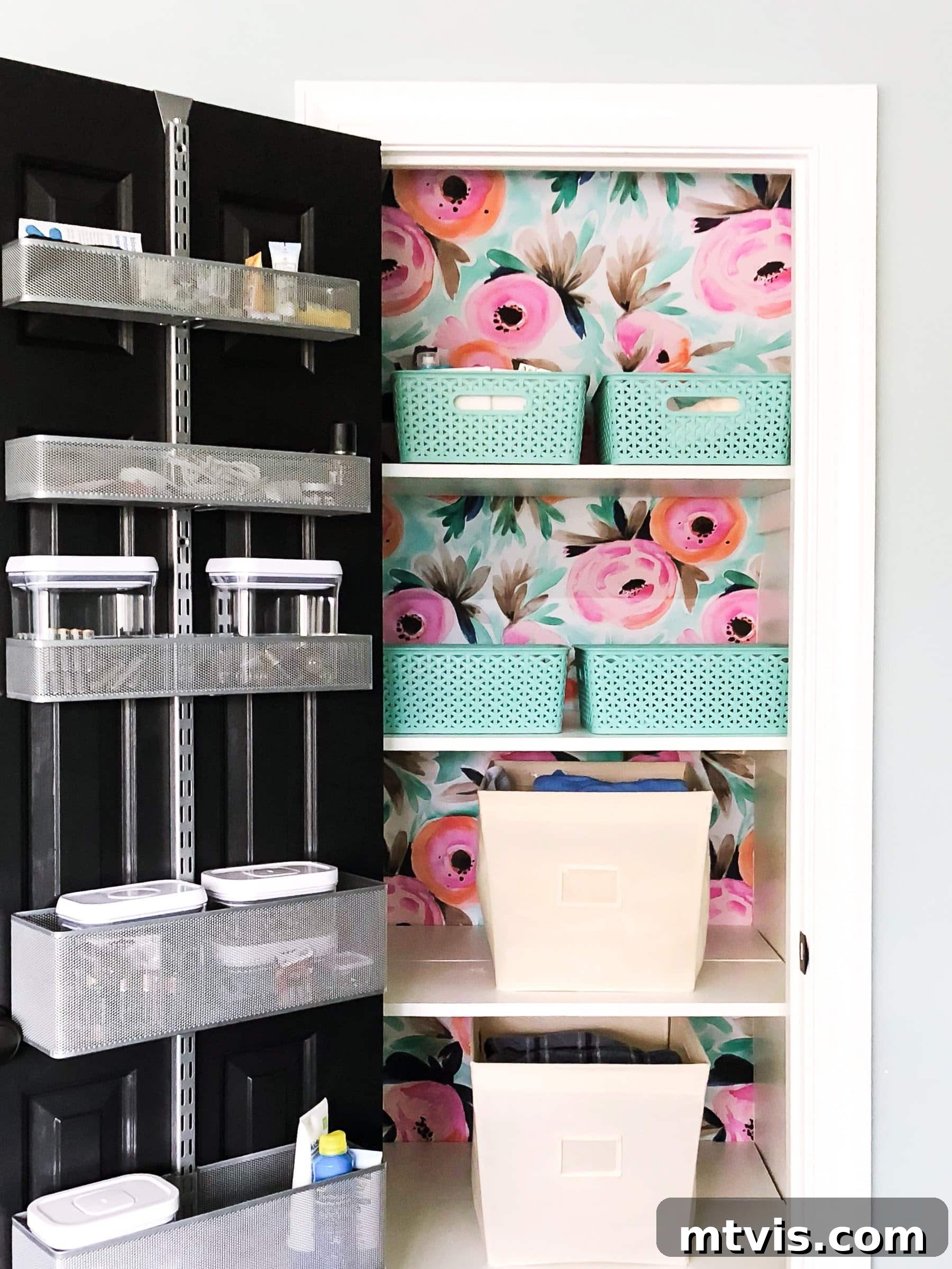 Transform Your Closets: 7 DIY Makeovers and Our Go-To Systems 5 A pretty and organized linen closet with the Elfa closet system includes over the door storage and large flower wallpaper behind baskets on the shelves.