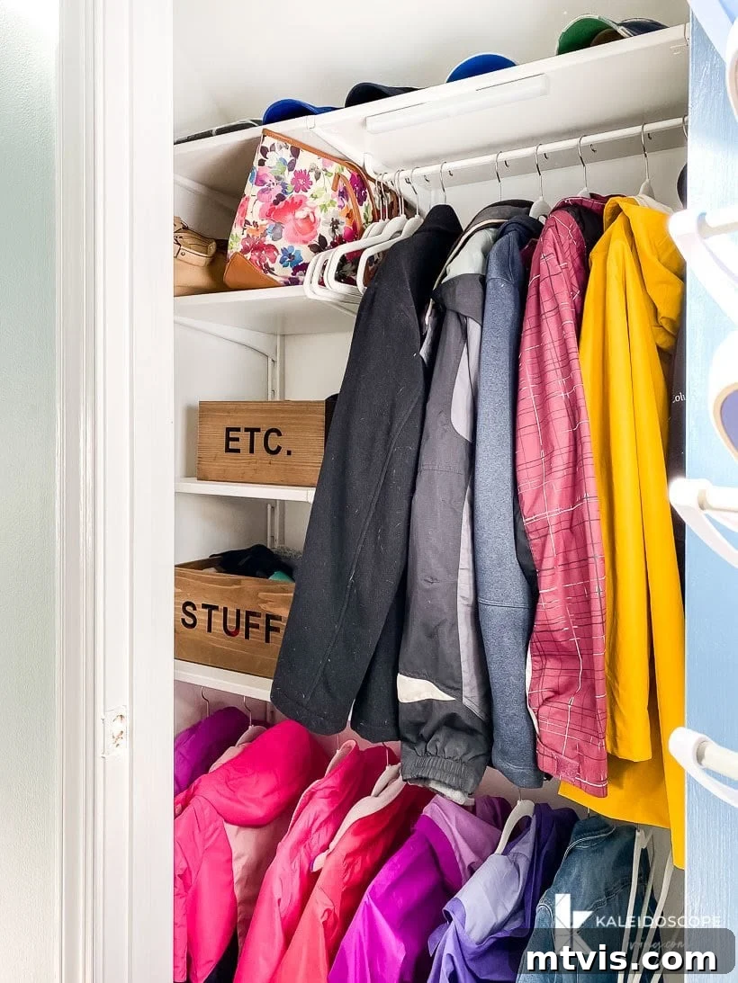 Transform Your Closets: 7 DIY Makeovers and Our Go-To Systems 10 A renovated coat closet uses the IKEA Boaxel system to allow for two rods to hang coats up and shelves along the side with wood boxes that say "Etc." and "Stuff."