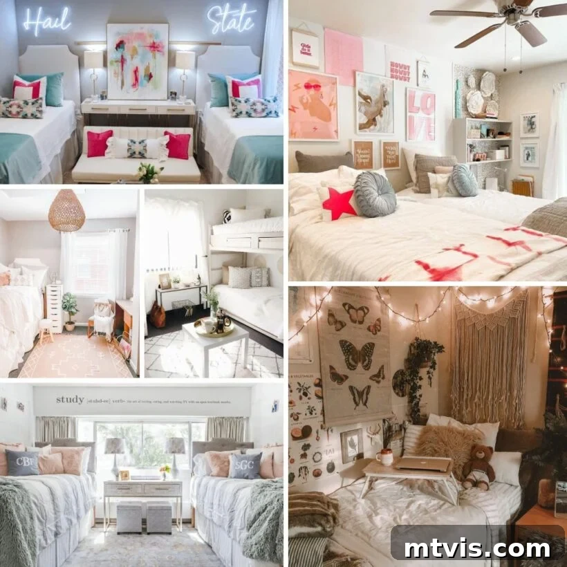 Ultimate Dorm Room Style Ideas and Shopping Sources 2 A vibrant collage showcasing diverse dorm room decorating ideas. The image features modern aesthetics with white, blue, and pink color palettes, stylish bedding options, and creative wall art installations, inspiring students to personalize their college living spaces.