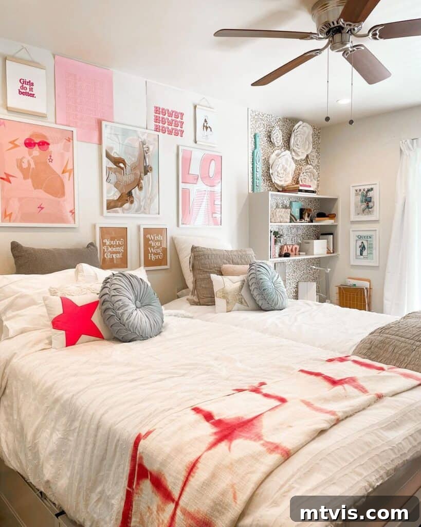 Ultimate Dorm Room Style Ideas and Shopping Sources 11 A seaside-inspired dorm room reflecting the student's personality, featuring twin beds pushed together. Above the bed, a pink-toned gallery wall displays various art pieces and posters, creating a cohesive and stylish dorm room decor that blends feminine charm with a fun, personal touch.