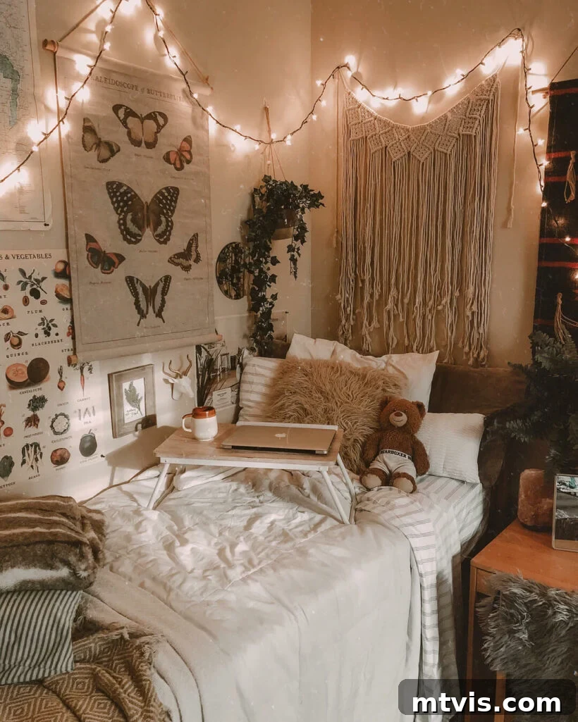 Ultimate Dorm Room Style Ideas and Shopping Sources 13 A cozy boho dorm room featuring naturalist wall hangings, vibrant plants, and intricate macrame pieces. The space is beautifully complemented by delicate twinkle lights, neutral bedding, and a graphic throw blanket, creating a warm, inviting, and stylish student sanctuary.