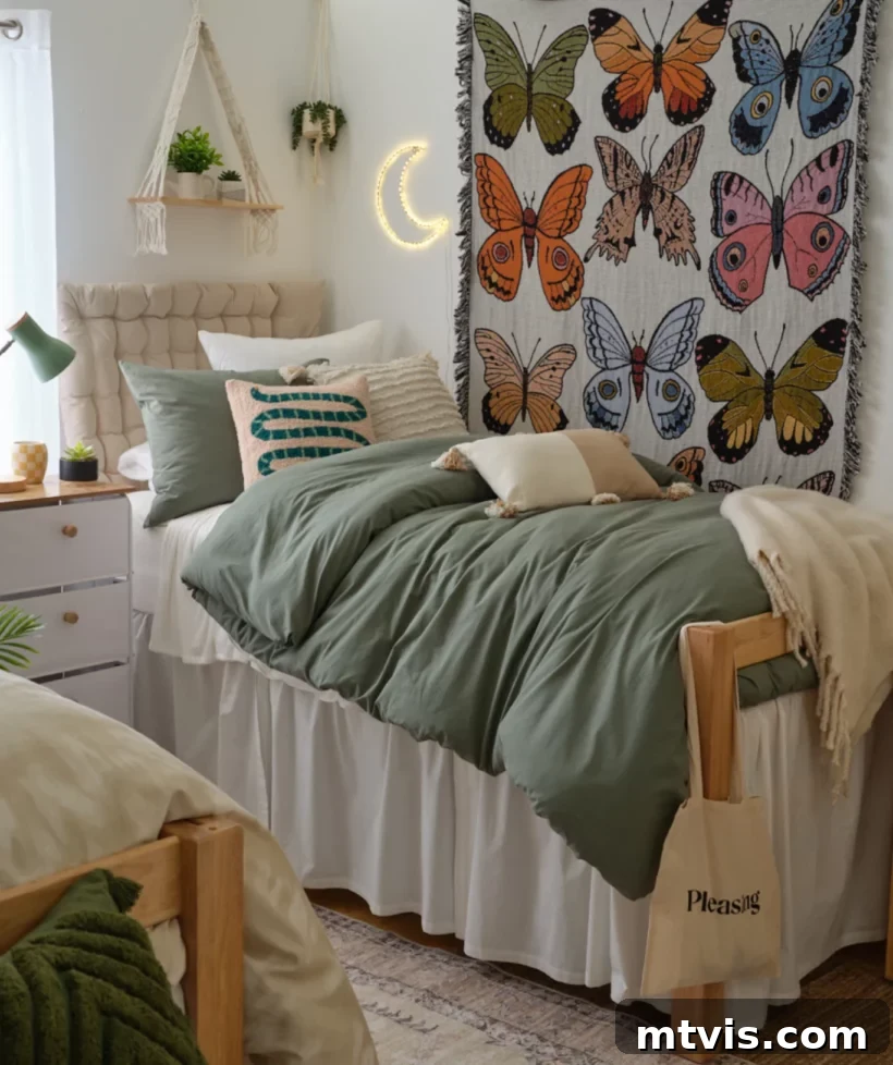 Ultimate Dorm Room Style Ideas and Shopping Sources 6 Dormify presents a collection of stylish dorm room ideas, featuring two beds adorned with plush sage-colored comforters. The decor includes a delicate butterfly wall tapestry and an upholstered headboard, positioned beneath a charming macramé plant shelf, creating a cozy and aesthetically pleasing student living space.