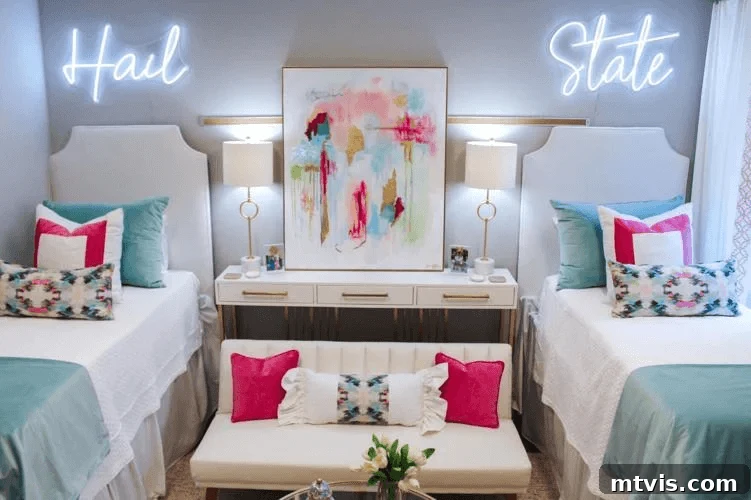 Ultimate Dorm Room Style Ideas and Shopping Sources 10 A bright, glam college dorm room features two twin beds, each adorned with elegant bedding and a vibrant neon sign hanging above. A functional desk and a comfortable futon are strategically placed between the beds, optimizing space and creating a chic and inviting student living area.