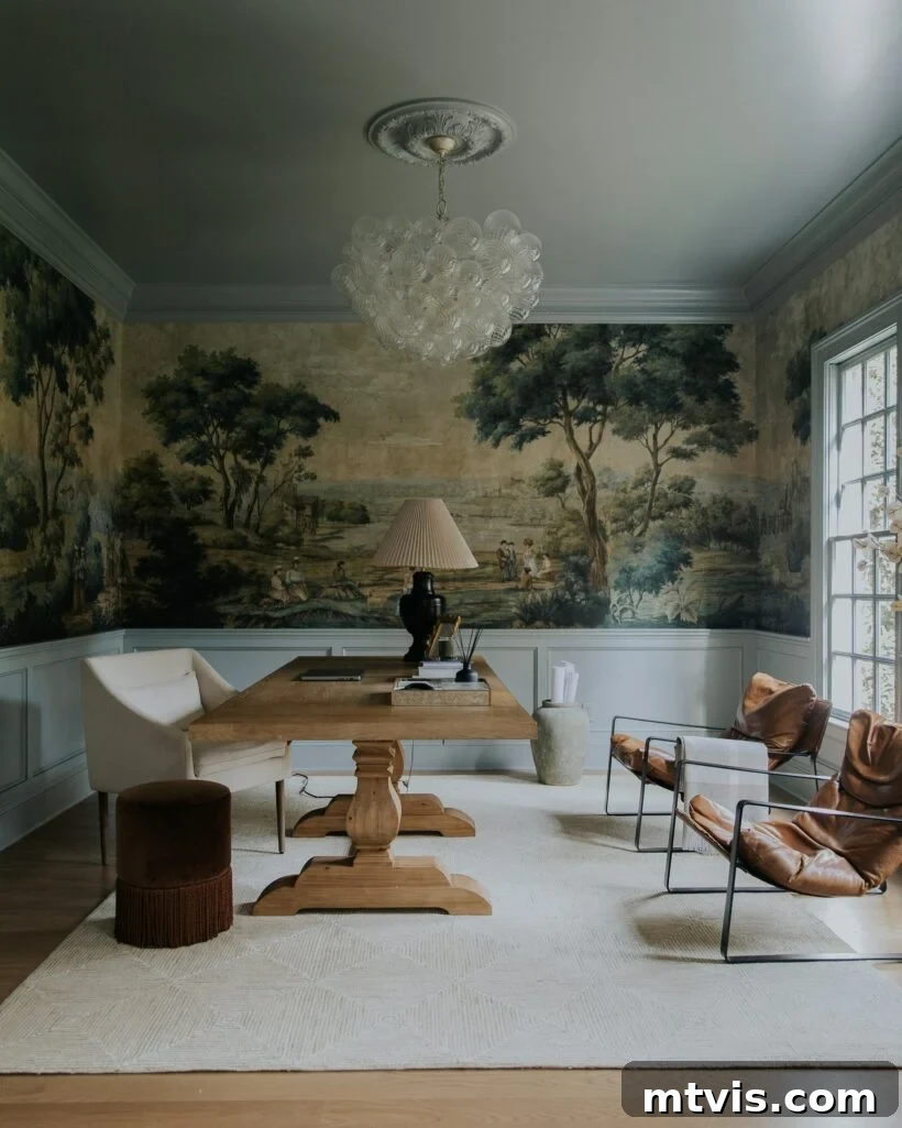 A beautifully designed study featuring a vintage-inspired mural wallpaper, offering a classic and sophisticated backdrop.