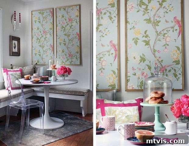A feature wall showcasing wallpapered panels framed with woodwork, adding elegant visual interest to the room.