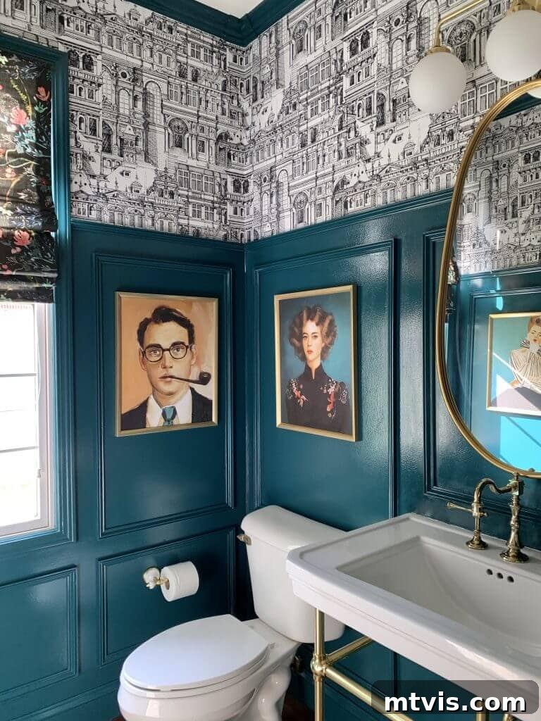 A powder room featuring elegant wallpaper that enhances the room's existing architectural molding, creating a refined atmosphere.