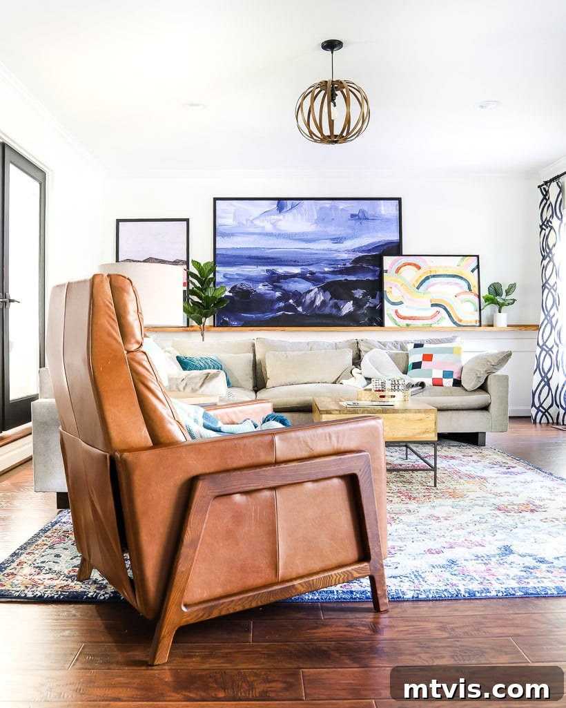 Mastering Living Room Rug Sizes 4 leather West Elm Spencer recliner in colorful family room