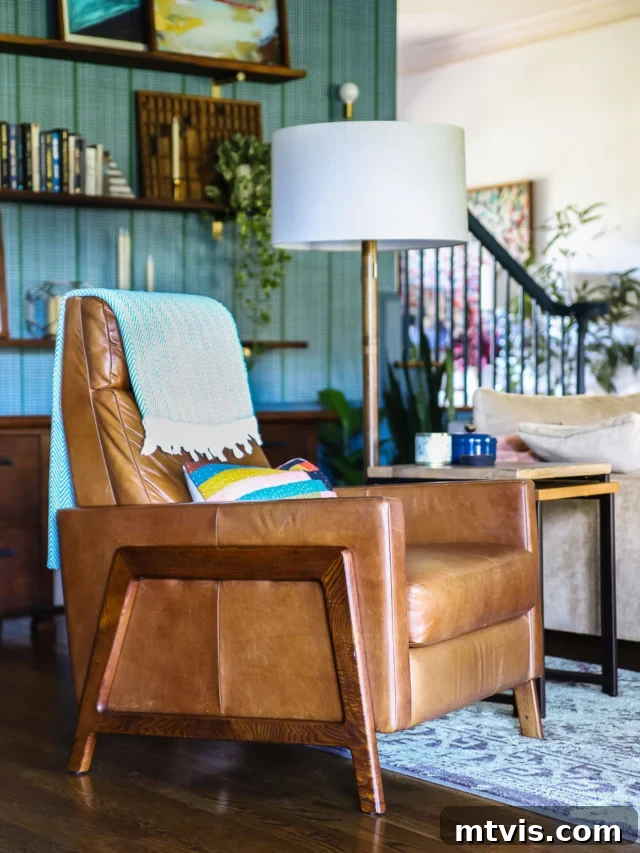 Mastering Living Room Rug Sizes 6 West Elm Spencer recliner review- photo of leather recliner in colorful family room of Tasha Agruso of Kaleidoscope Living