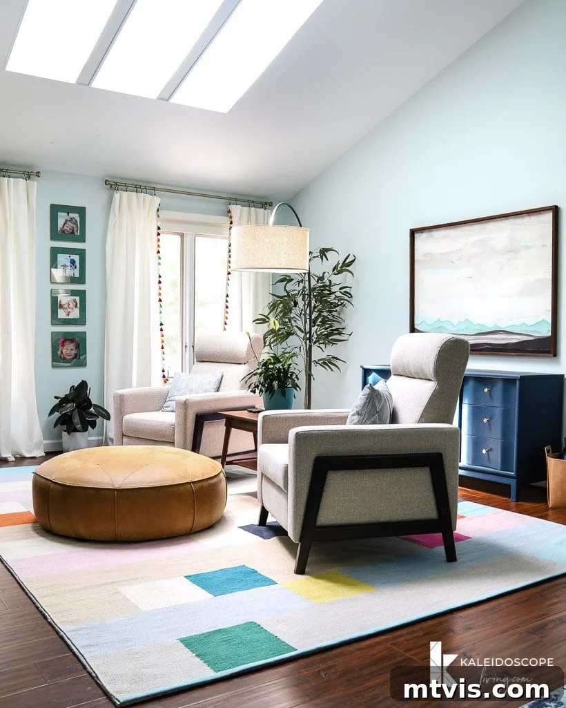 Mastering Living Room Rug Sizes 9 living room with two recliners and round leather ottoman on large size area rug