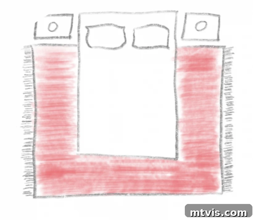 Perfecting Your Bedroom: The Complete Rug Size and Placement Guide 5 Detailed diagram illustrating optimal bedroom rug placement, showing the rug extending under two-thirds of the bed, with nightstands off the rug.