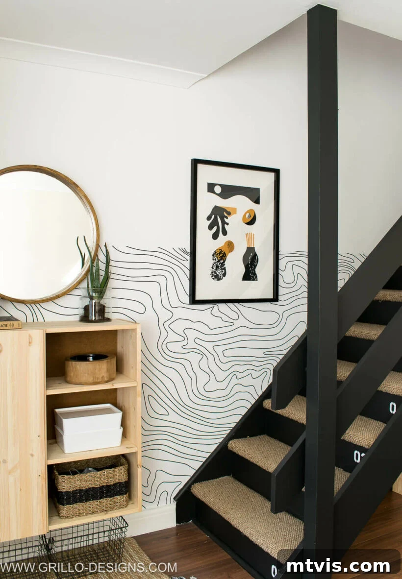 modern floating stairs makeover with black risers and carpeted treads