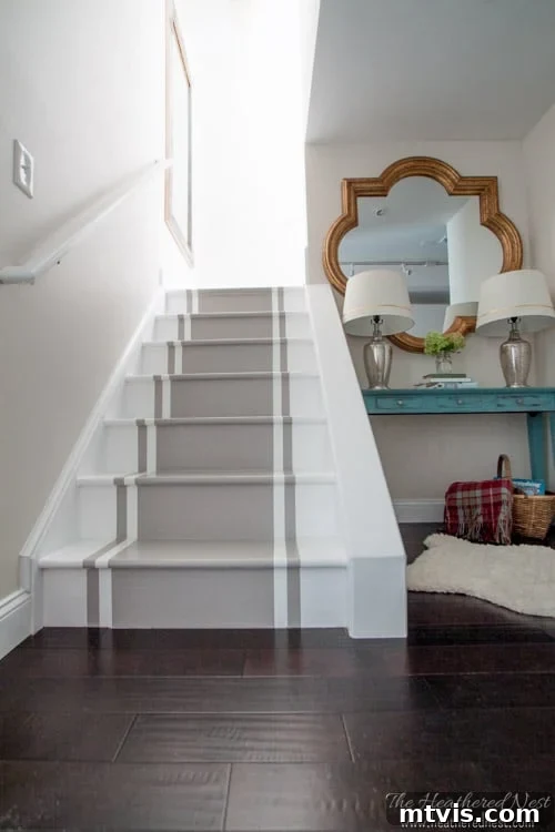DIY painted stairs with a faux stair runner