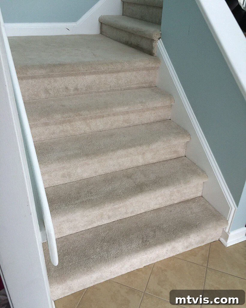 outdated carpeted stairs before makeover