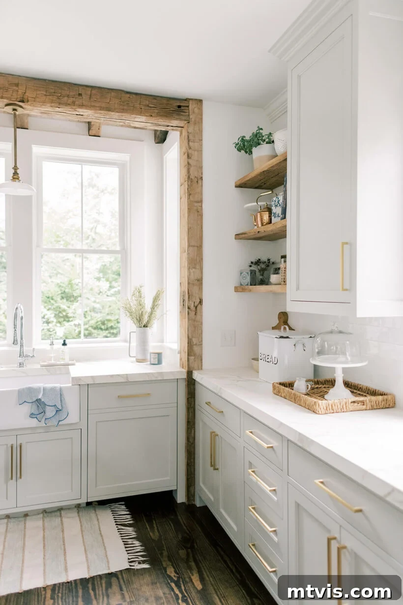 Elevate Your Kitchen with Timeless Neutral Cabinet Shades 12 Sherwin Williams Repose Gray in bright kitchen with exposed wood beams and open shelving
