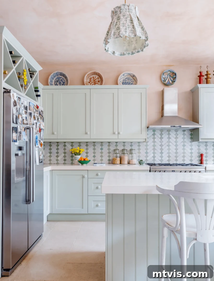 Elevate Your Kitchen with Timeless Neutral Cabinet Shades 15 Vert de Terre by Farrow & Ball on cabinets in eclectic designer kitchen