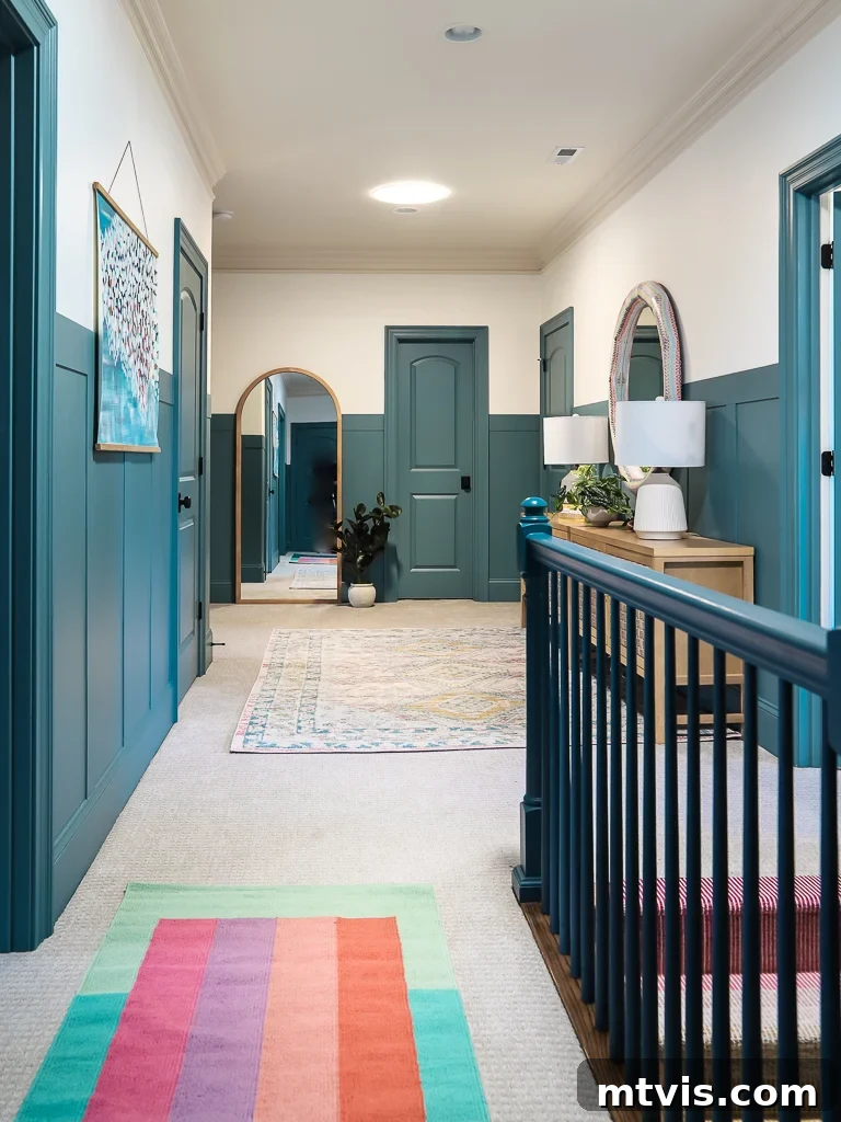 rug over carpet in colorful hallway